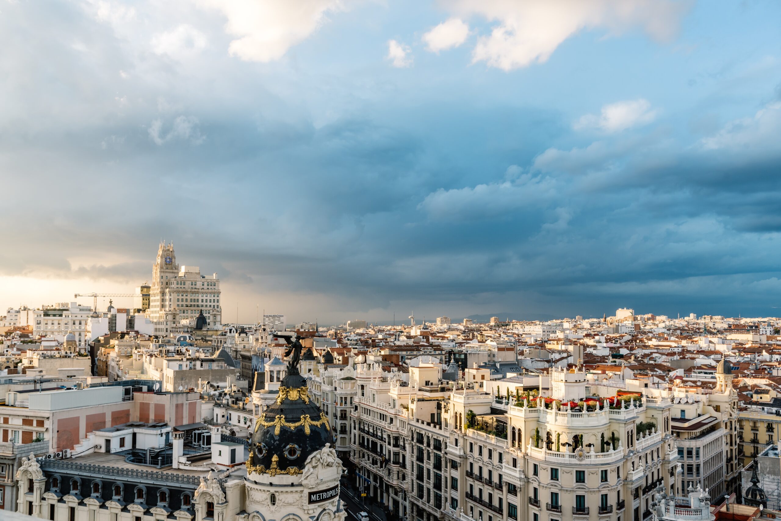 Madrid, Spain - November 3, 2017:  Skyline of Madrid city centre from Circulo de Bellas Artes rooftop